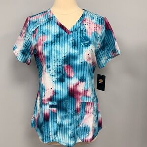 NWT Dickies Scrub Top M Teal & Mauve Sparkle Tie Dye Scubs Nurse Uniform Medical